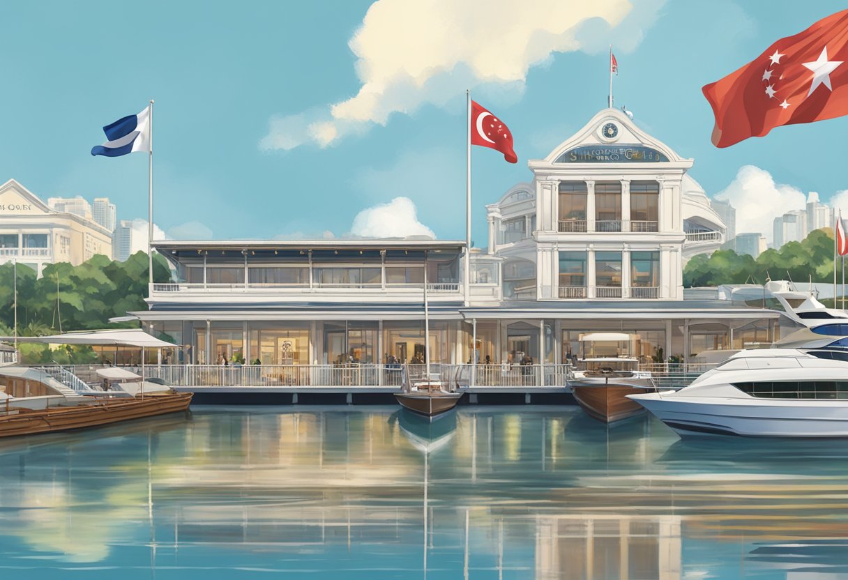 The historic Republic of Singapore Yacht Club stands proudly on the waterfront, with its iconic logo and flag flying high, surrounded by boats and the shimmering waters of the marina