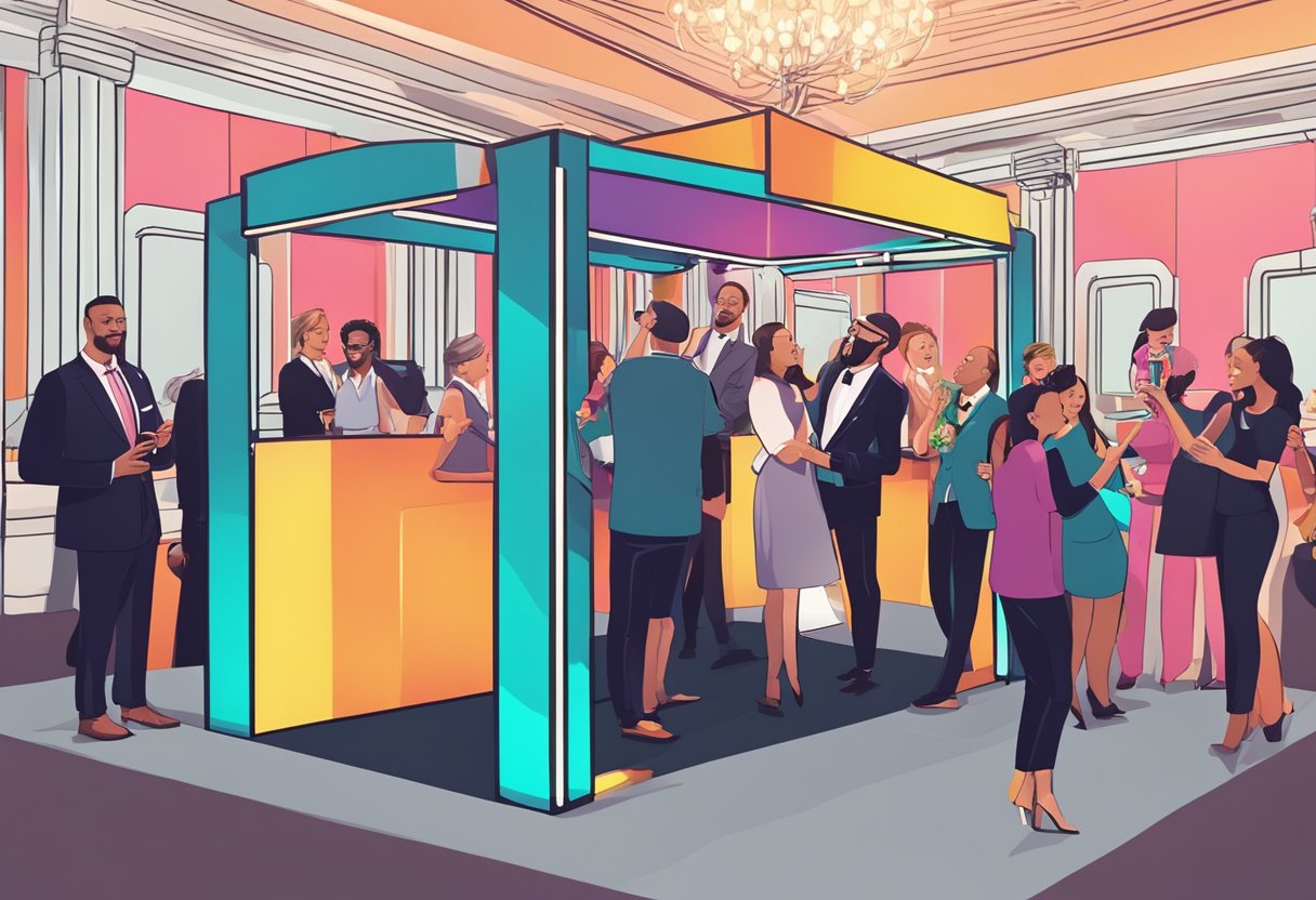 Guests gather around a sleek, modern photo booth at a lively event. Bright lights and colorful props create a fun and inviting atmosphere