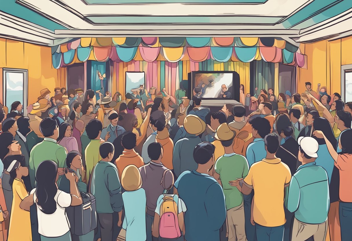 A photo booth with a colorful backdrop and props, surrounded by a crowd of people taking turns to pose and take pictures