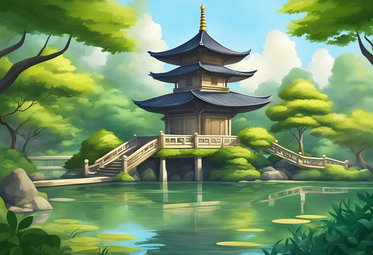 A serene garden with lush greenery, a tranquil pond, and a traditional Asian pagoda nestled among the trees