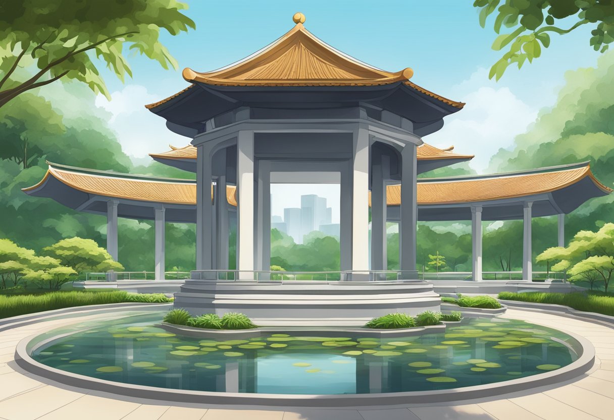 The serene Nirvana Memorial Garden in Singapore features lush greenery, tranquil ponds, and elegant stone structures