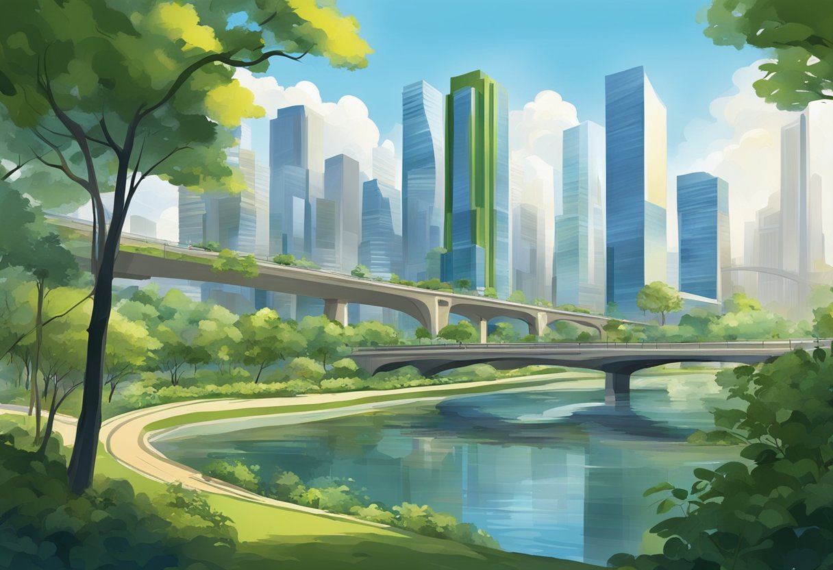 A bustling cityscape with modern architecture, lush greenery, and a serene river flowing through the center. The scene is vibrant and dynamic, with a mix of urban development and natural beauty