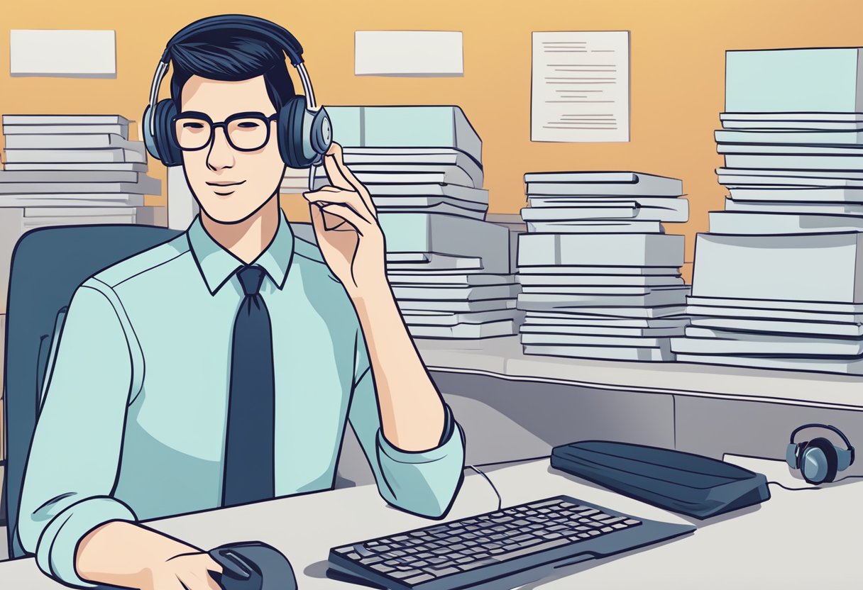 A stack of FAQ documents with "Nirvana Singapore" printed on top, surrounded by a computer and a customer service representative's headset