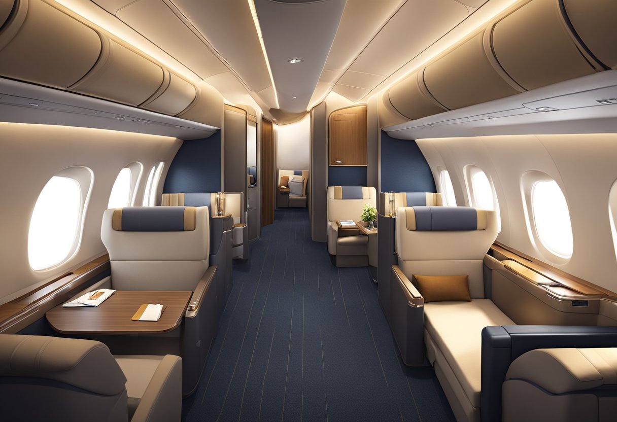 A spacious and luxurious cabin with reclining seats, elegant lighting, and personalized service in Singapore Airlines business class