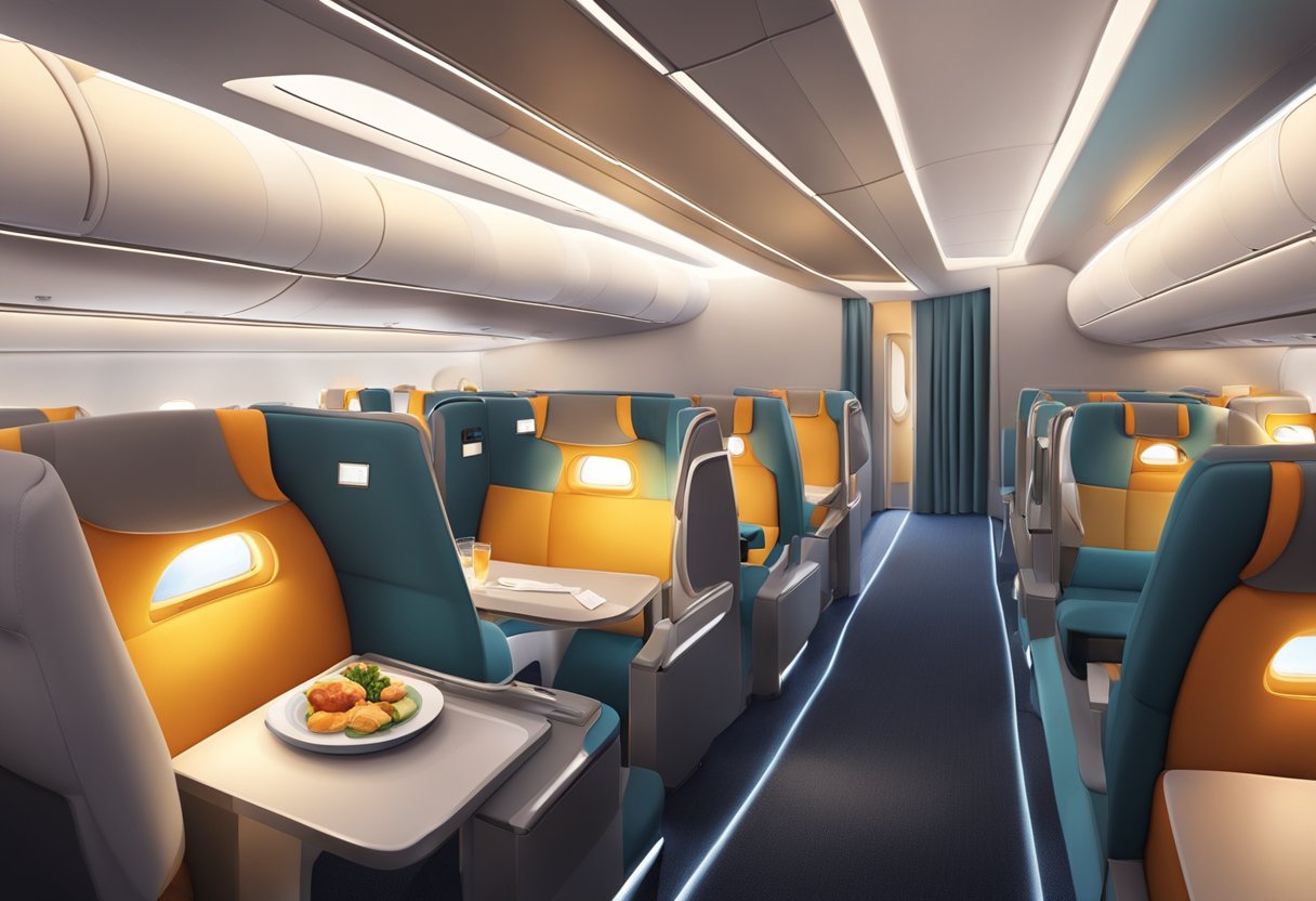 A spacious, luxurious cabin with plush seats, mood lighting, and sleek design. A flight attendant serves gourmet meals and beverages to passengers
