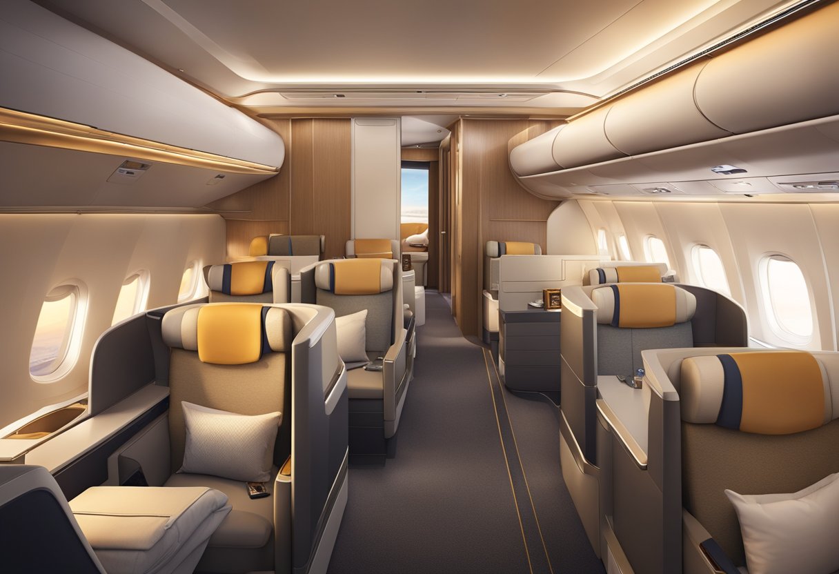 A luxurious Singapore Airlines business class cabin with spacious seats, elegant decor, and attentive service