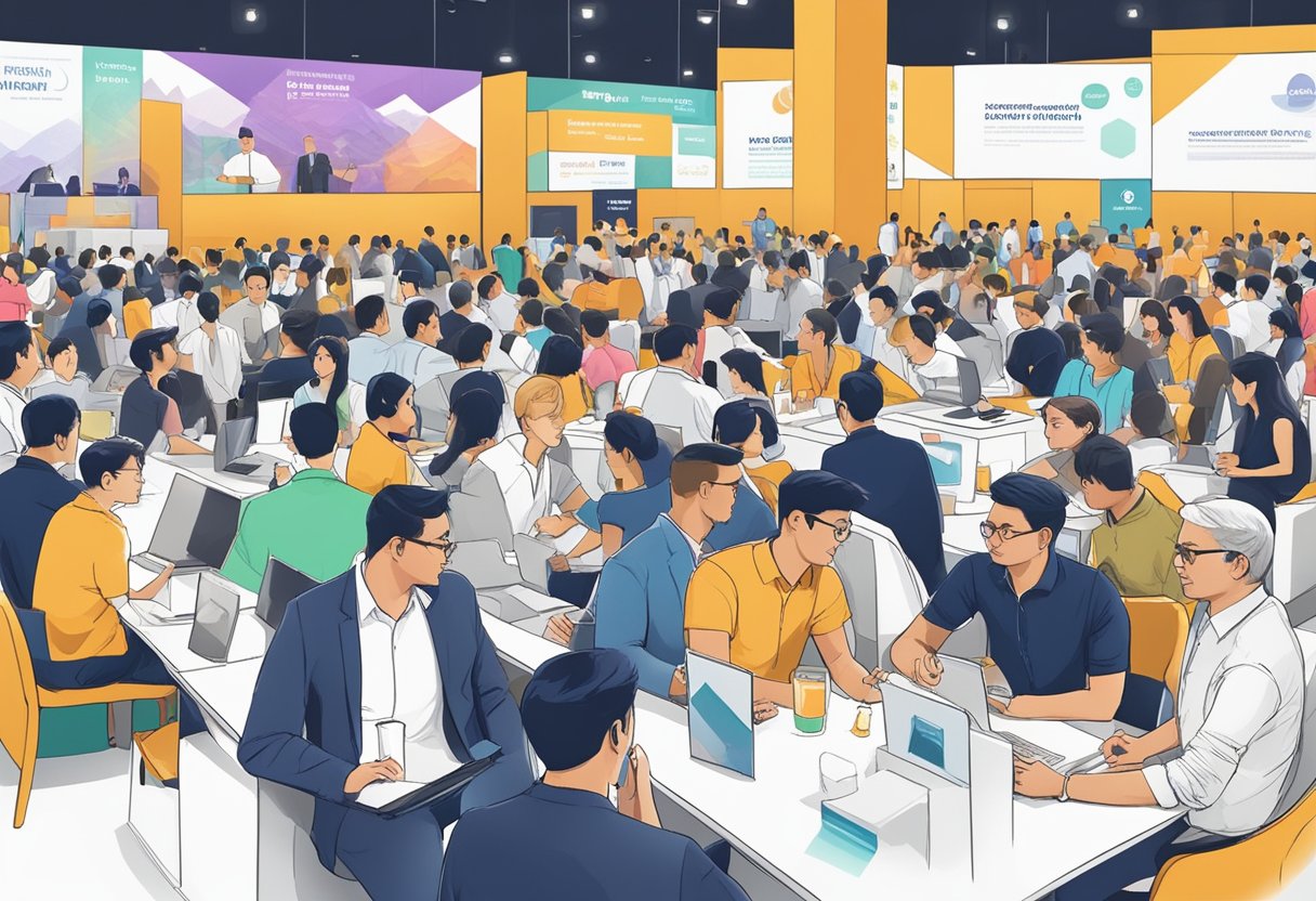 Attendees networking at booths, listening to speakers, and engaging in panel discussions at the Singapore Fintech Festival