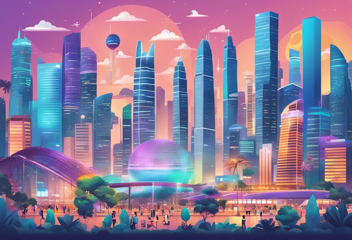 A bustling Singapore cityscape with futuristic skyscrapers and vibrant fintech logos displayed at the Singapore Fintech Festival