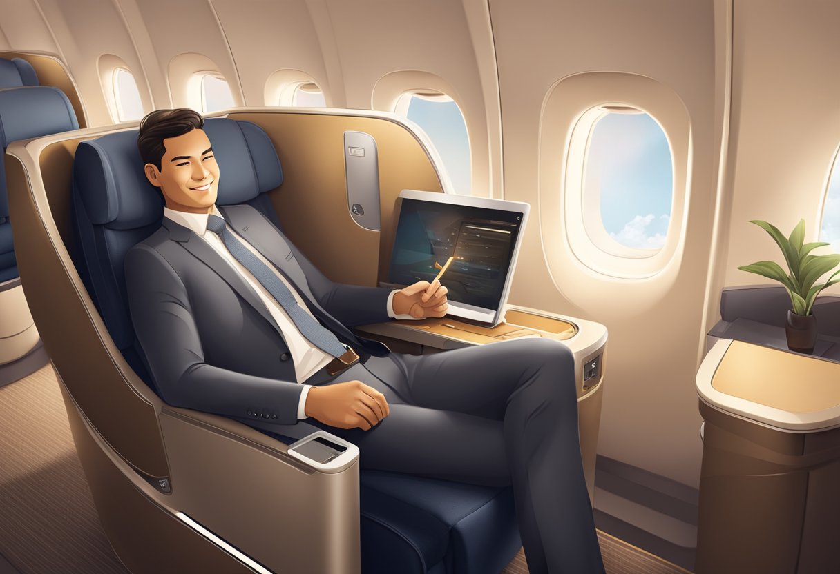 A businessman reclines in a spacious Singapore Airlines business class seat, enjoying personalized service and premium amenities