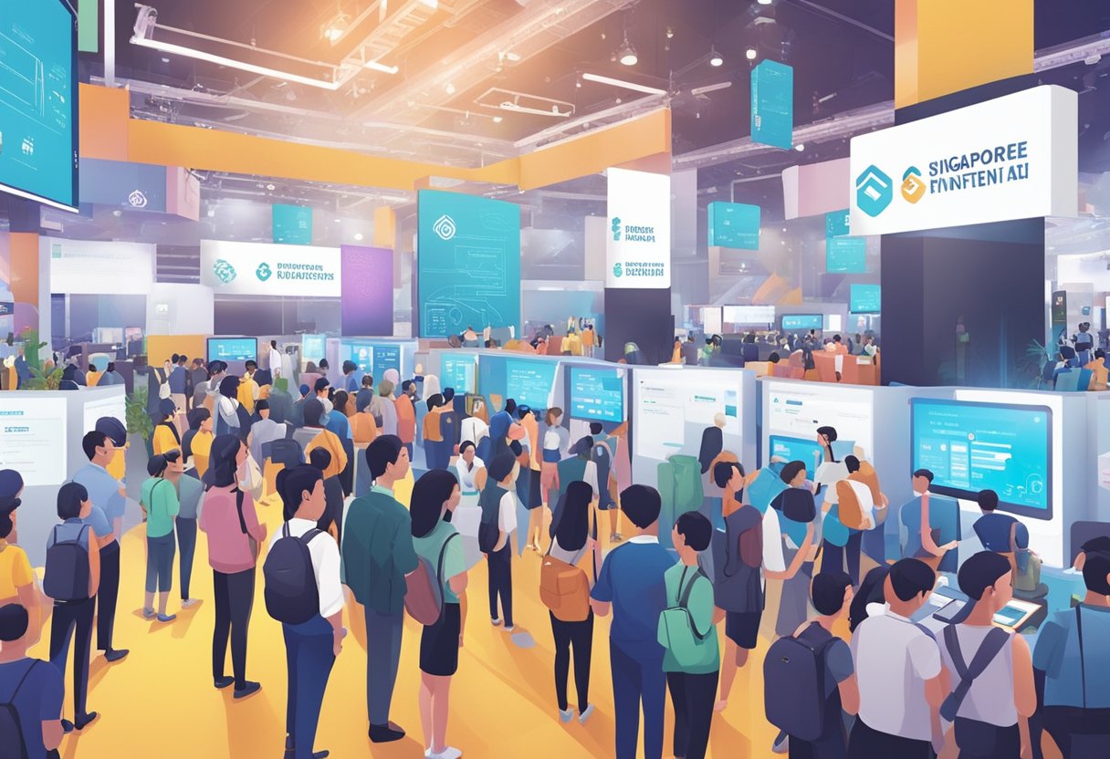 Crowds gather around booths at the Singapore Fintech Festival, exchanging ideas and information. Brightly lit signs and interactive displays draw in attendees