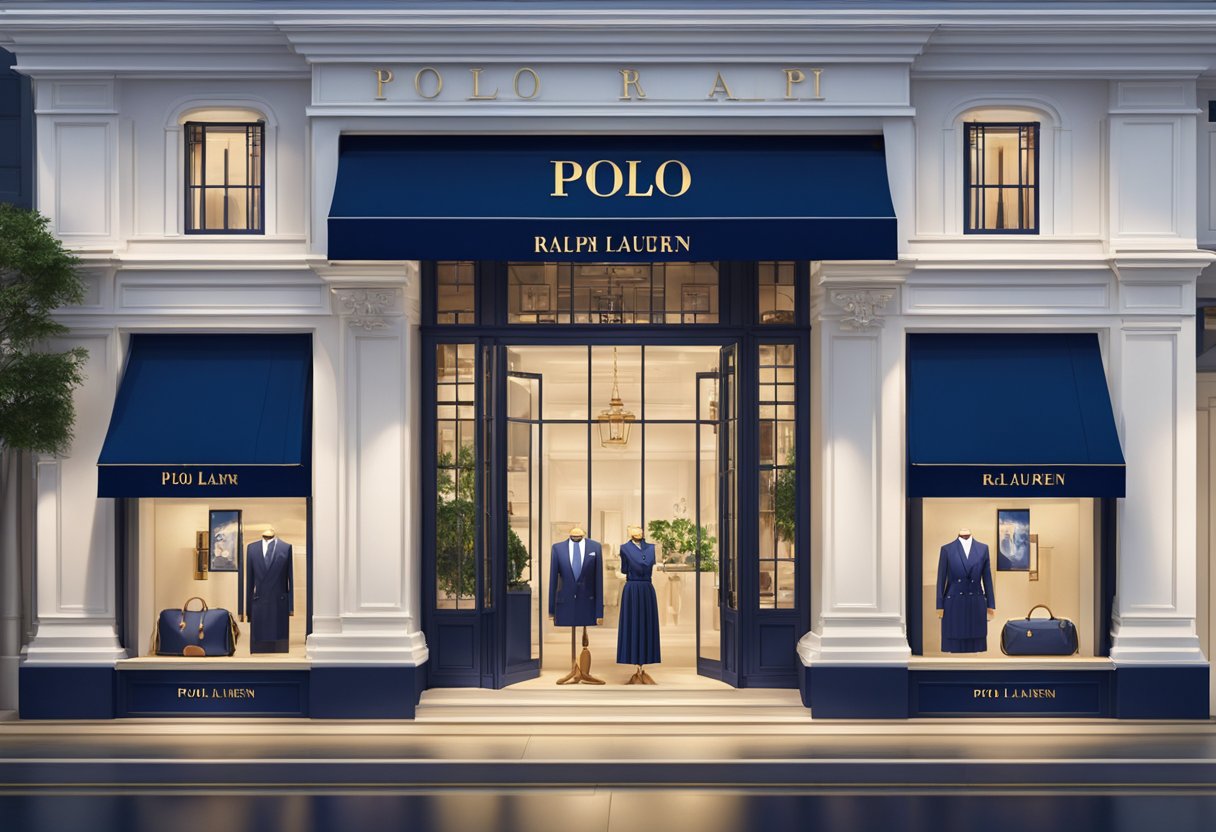 A storefront of Polo Ralph Lauren in Singapore, with a classic navy blue sign and elegant window displays