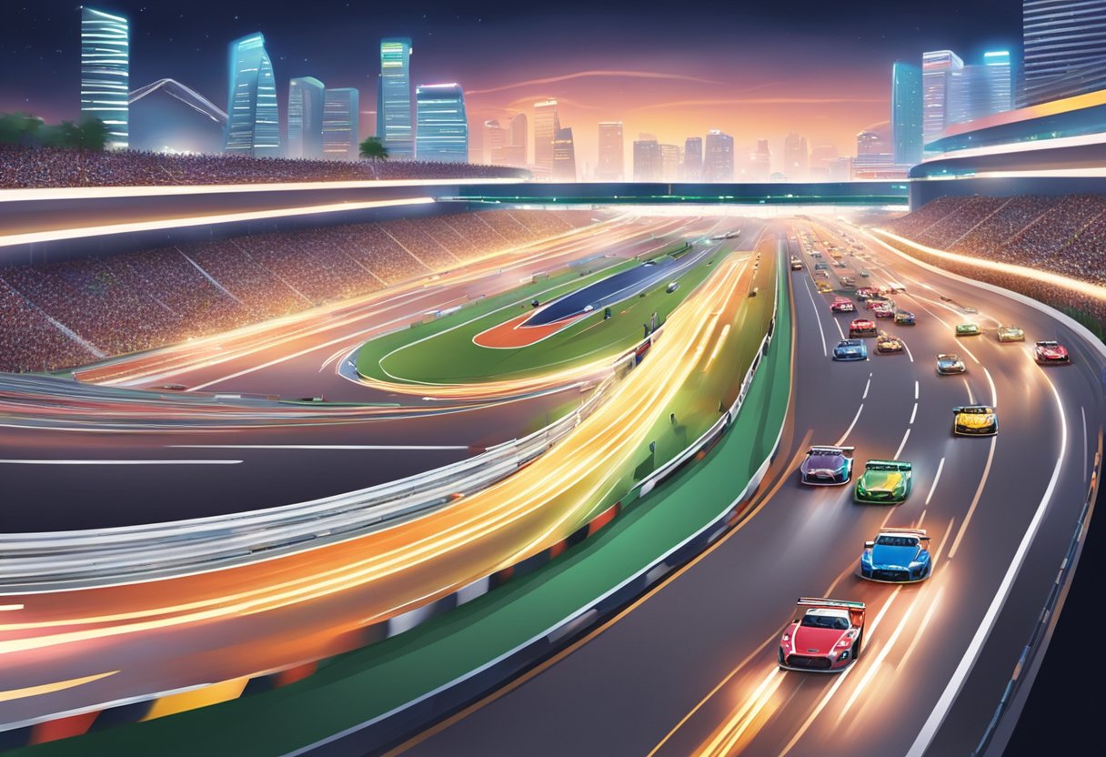 A bustling Singapore race track with sleek cars speeding by, surrounded by cheering crowds and illuminated by bright lights