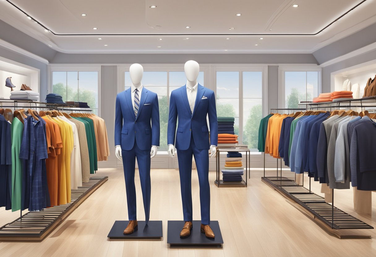 A well-dressed mannequin stands in the center of a spacious, well-lit showroom, surrounded by racks of colorful Polo Ralph Lauren clothing and accessories