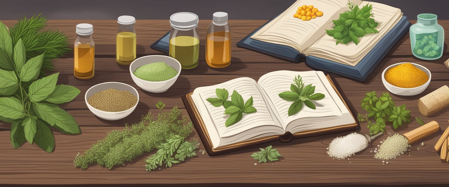 A collection of herbs and supplements arranged on a wooden table, with a book on natural remedies for psoriasis open beside them