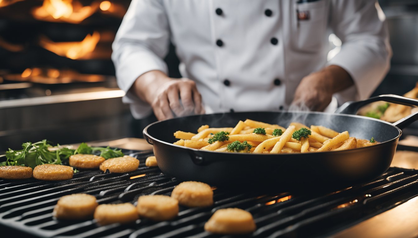 A chef seasons and fries a vetki fish in a sizzling pan