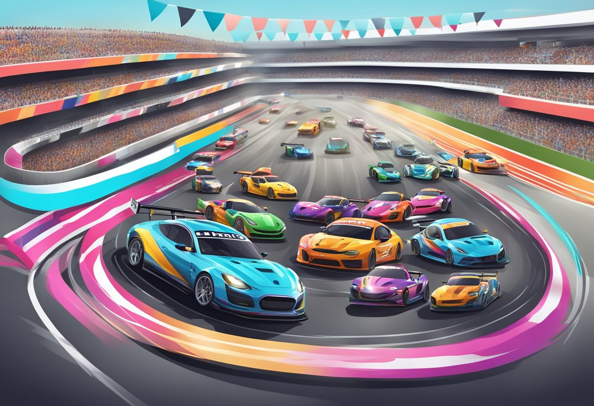 A racetrack with sleek, colorful cars zooming around tight corners, surrounded by cheering spectators and bright sponsor banners