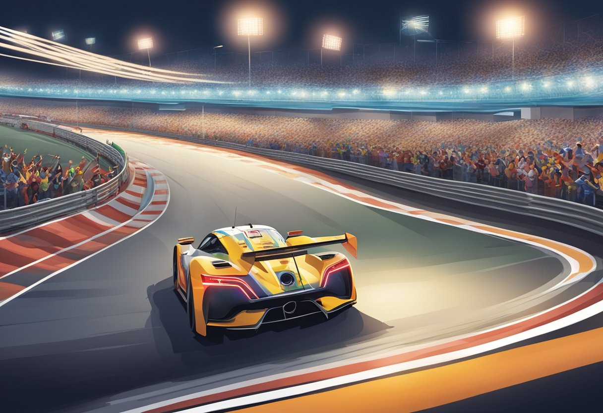 Cars speeding around the Singapore race track, illuminated by bright lights and surrounded by cheering crowds