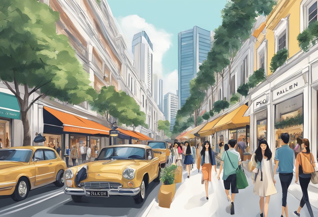 A bustling Singapore street lined with luxury shops, a prominent Polo Ralph Lauren storefront, and fashionable shoppers browsing the latest collections