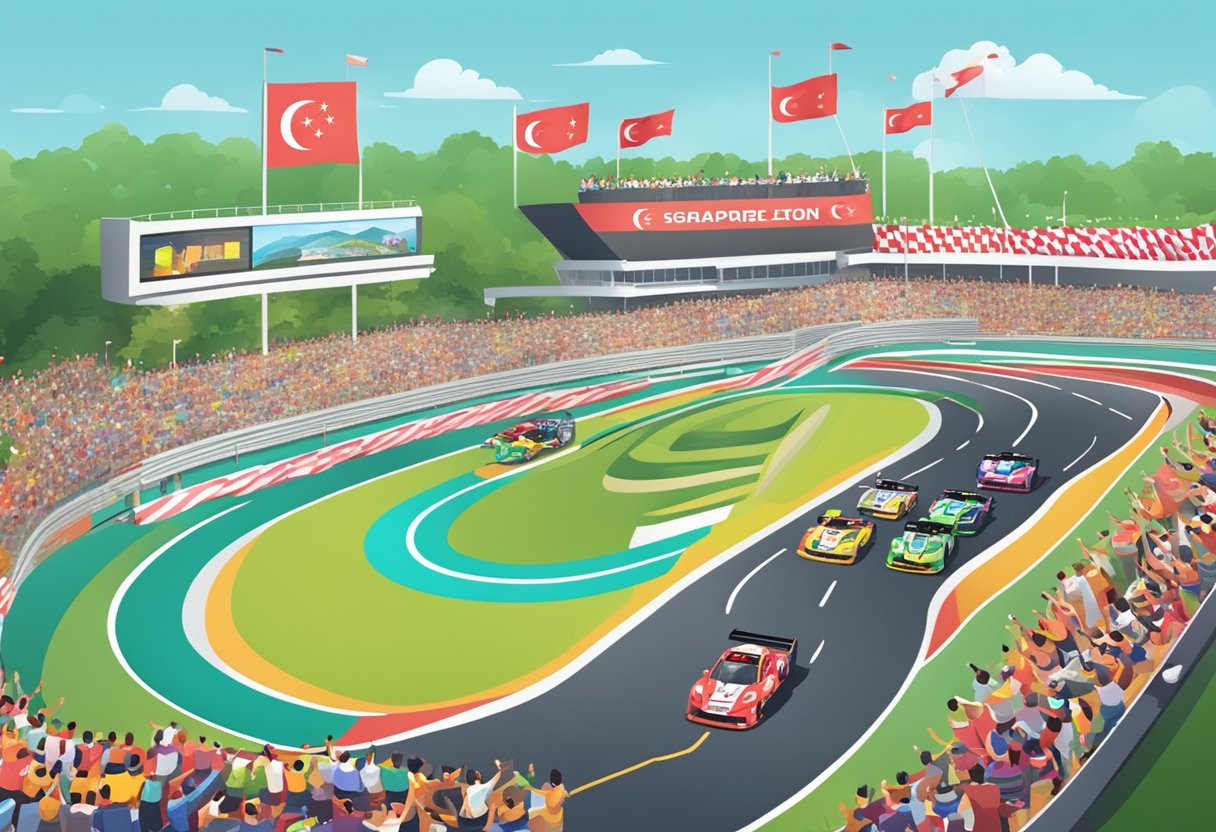 A bustling Singapore race track with colorful banners and excited spectators cheering on the competitors