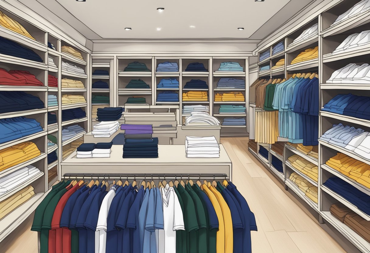 A stack of neatly organized polo shirts with the Polo Ralph Lauren logo, surrounded by shelves displaying various accessories and a sign reading "Frequently Asked Questions" in a stylish Singapore store