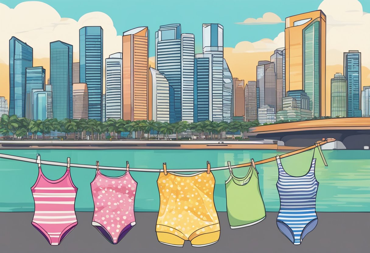 A colorful swimsuit hangs on a line in front of a Singapore skyline with iconic buildings in the background