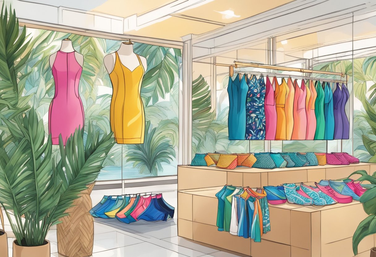 A colorful array of swimwear hangs on display in a Singapore boutique, surrounded by palm fronds and tropical decor