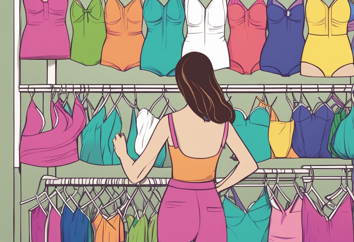 A woman stands in front of a rack of colorful swimsuits, carefully examining each one before making her selection
