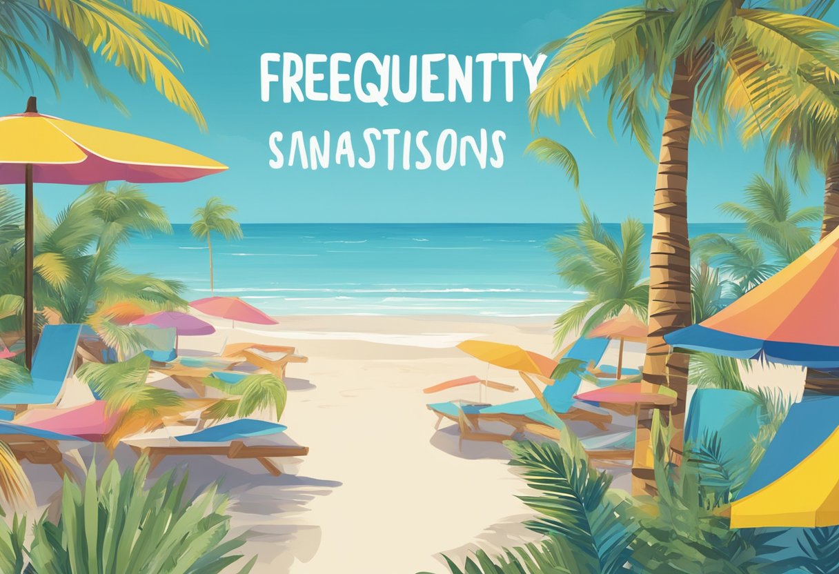 A colorful beach scene with palm trees and a clear blue sky, with a sign reading "Frequently Asked Questions - swimsuit singapore" in the foreground