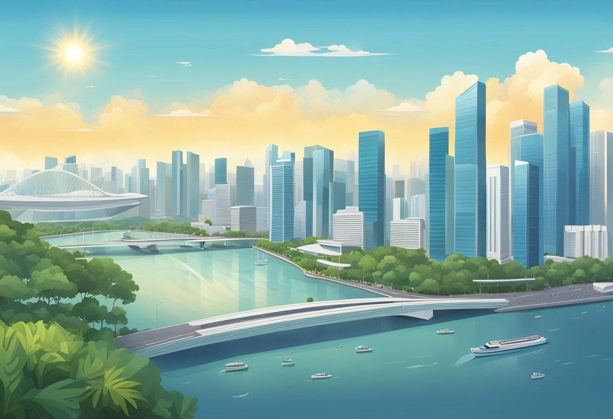 The sun shines brightly over the cityscape of Singapore, with clear blue skies and minimal cloud cover. The UV index is high, indicating strong sun exposure