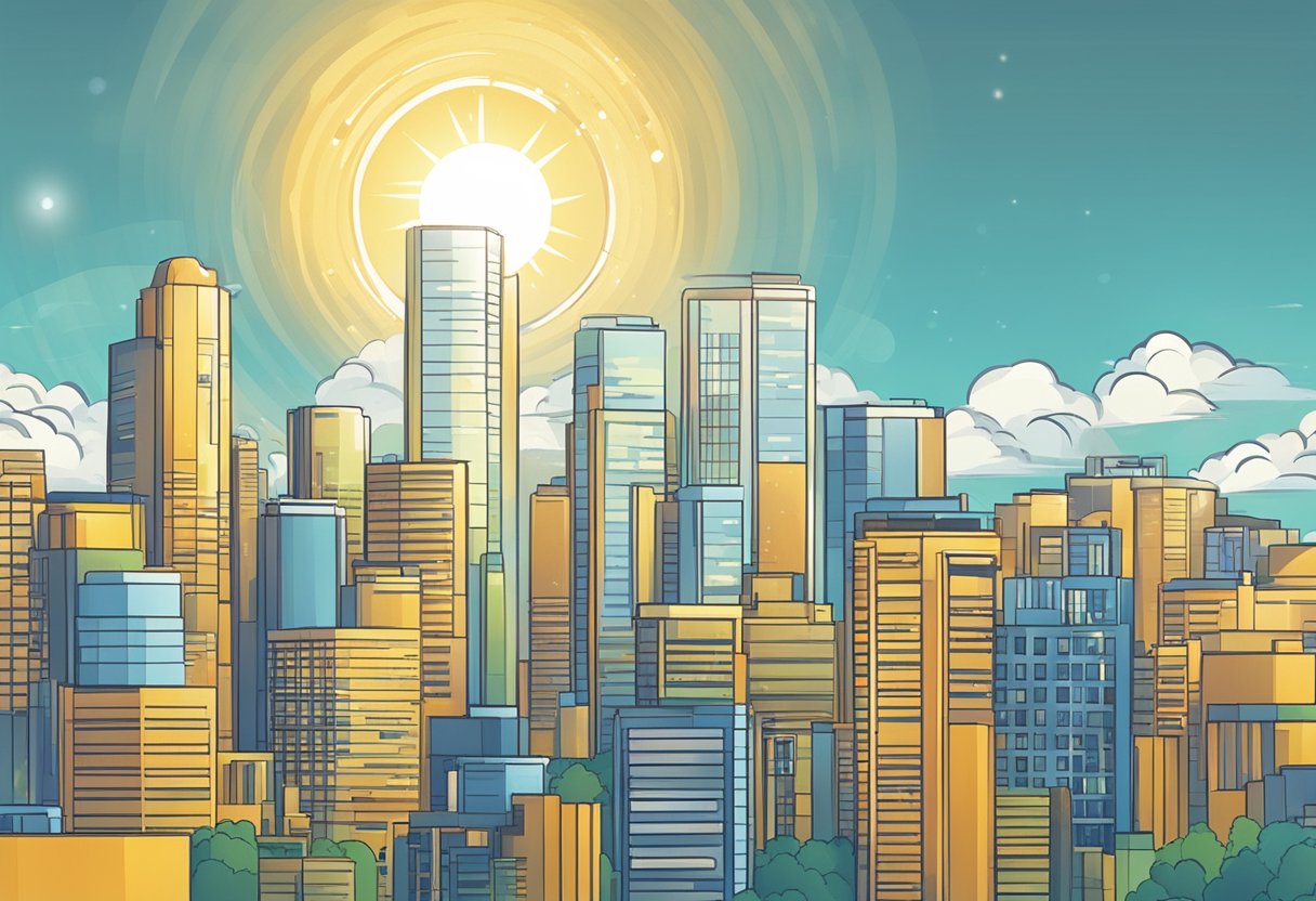 A bright sun shining over a city skyline with a UV index meter displaying high levels