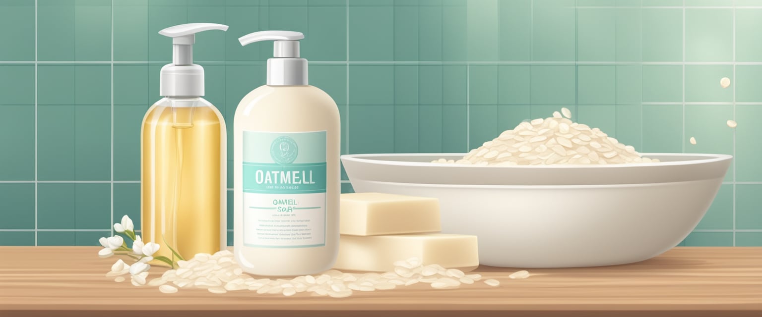 A soothing oatmeal bath with a bottle of moisturizing cream and a gentle, fragrance-free soap on a bathroom counter