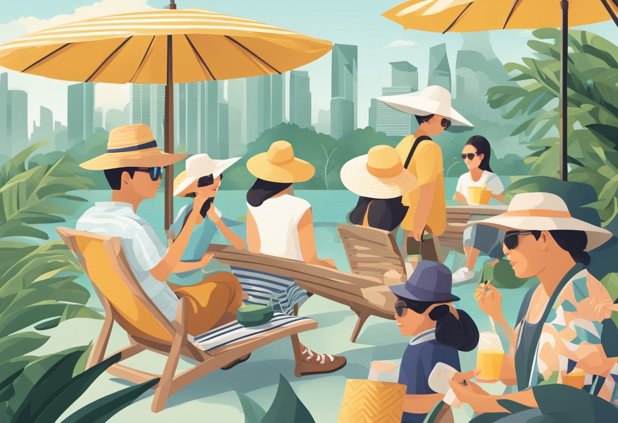A sunny day in Singapore, with people wearing wide-brimmed hats, sunglasses, and applying sunscreen. UV index is high, so they seek shade and carry umbrellas