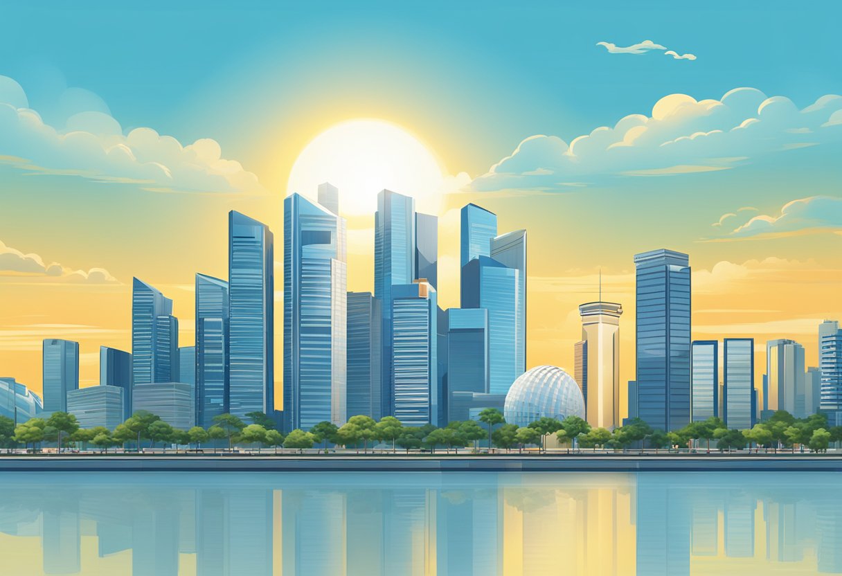 A bright sun shines over the Singapore skyline, with clear blue skies and minimal cloud cover. The UV index is prominently displayed on a signpost in a public area