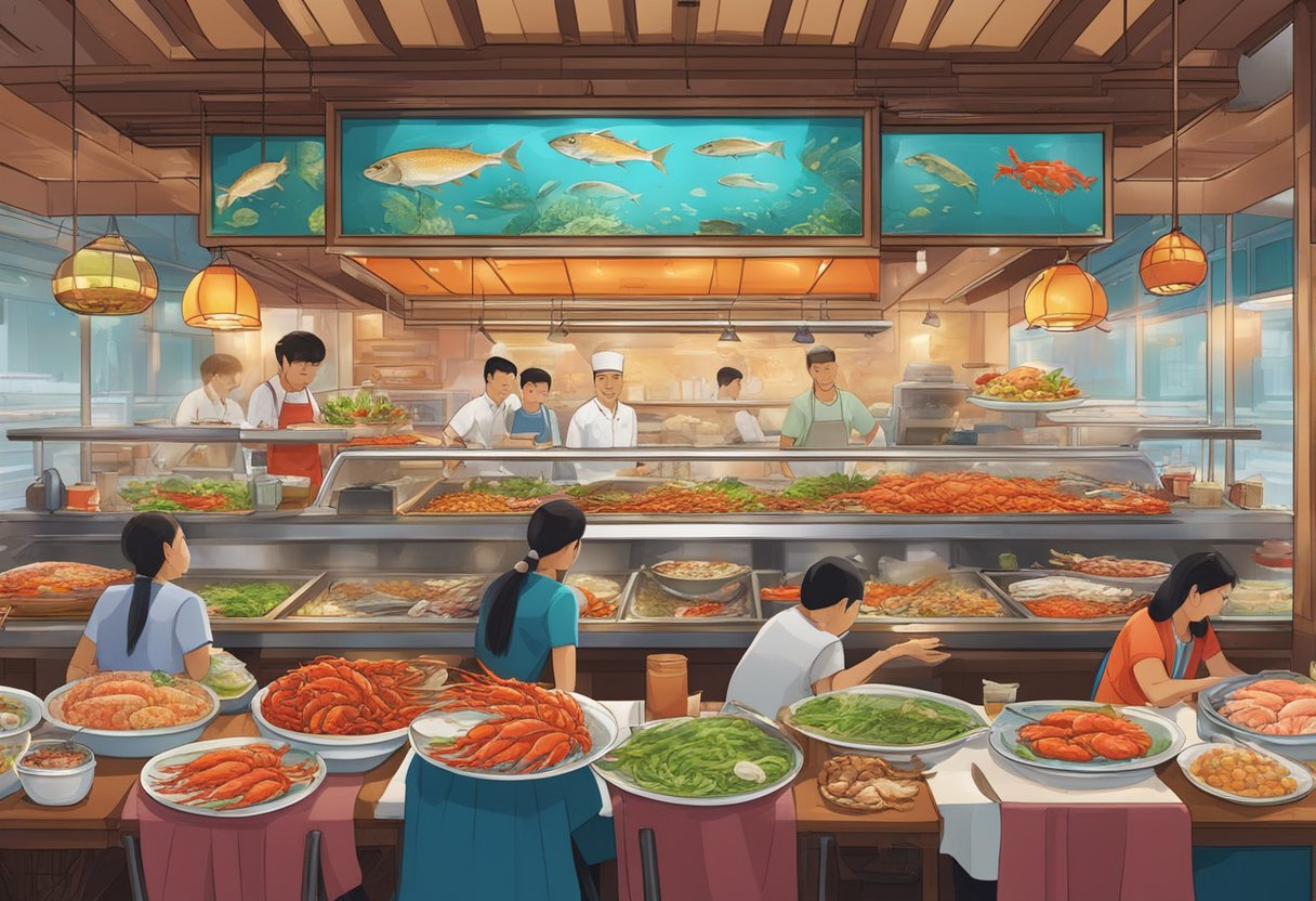 A bustling seafood restaurant in Singapore, with colorful displays of fresh fish, crabs, and lobsters. The aroma of sizzling garlic and chili fills the air