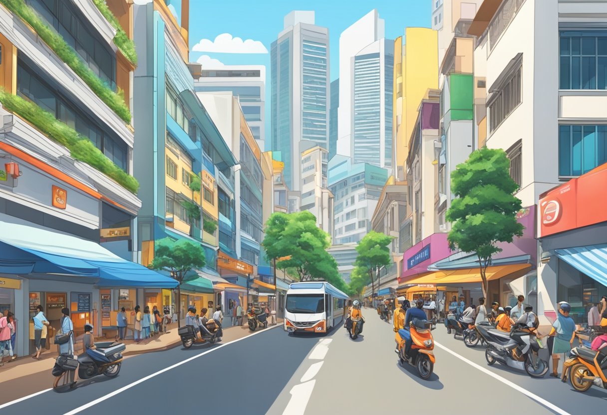 A bustling street in Singapore with a prominent Yamaha store front. Vibrant colors and busy foot traffic