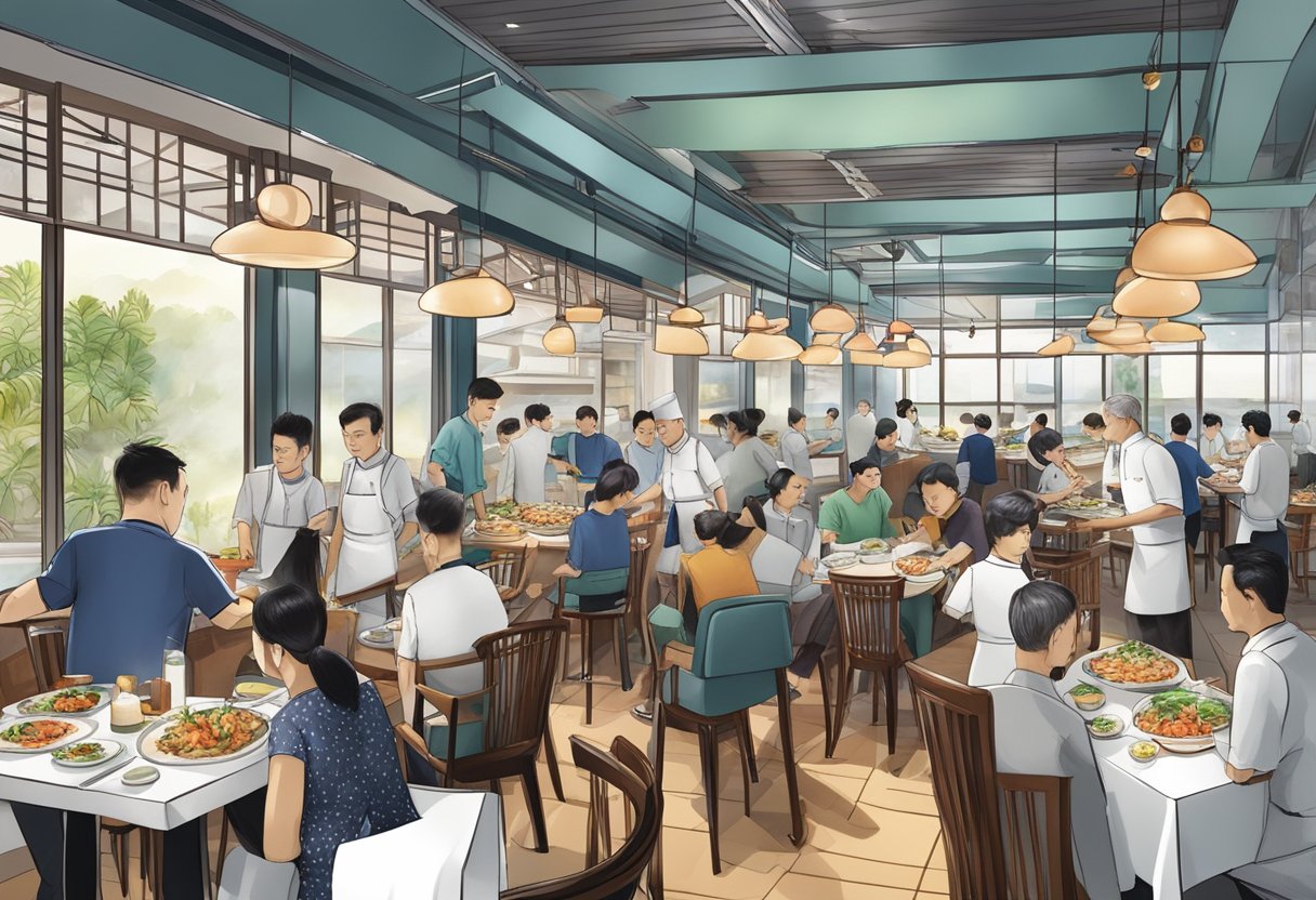 A bustling seafood restaurant in Singapore, with a modern fusion of culinary styles and innovative dishes being prepared and served