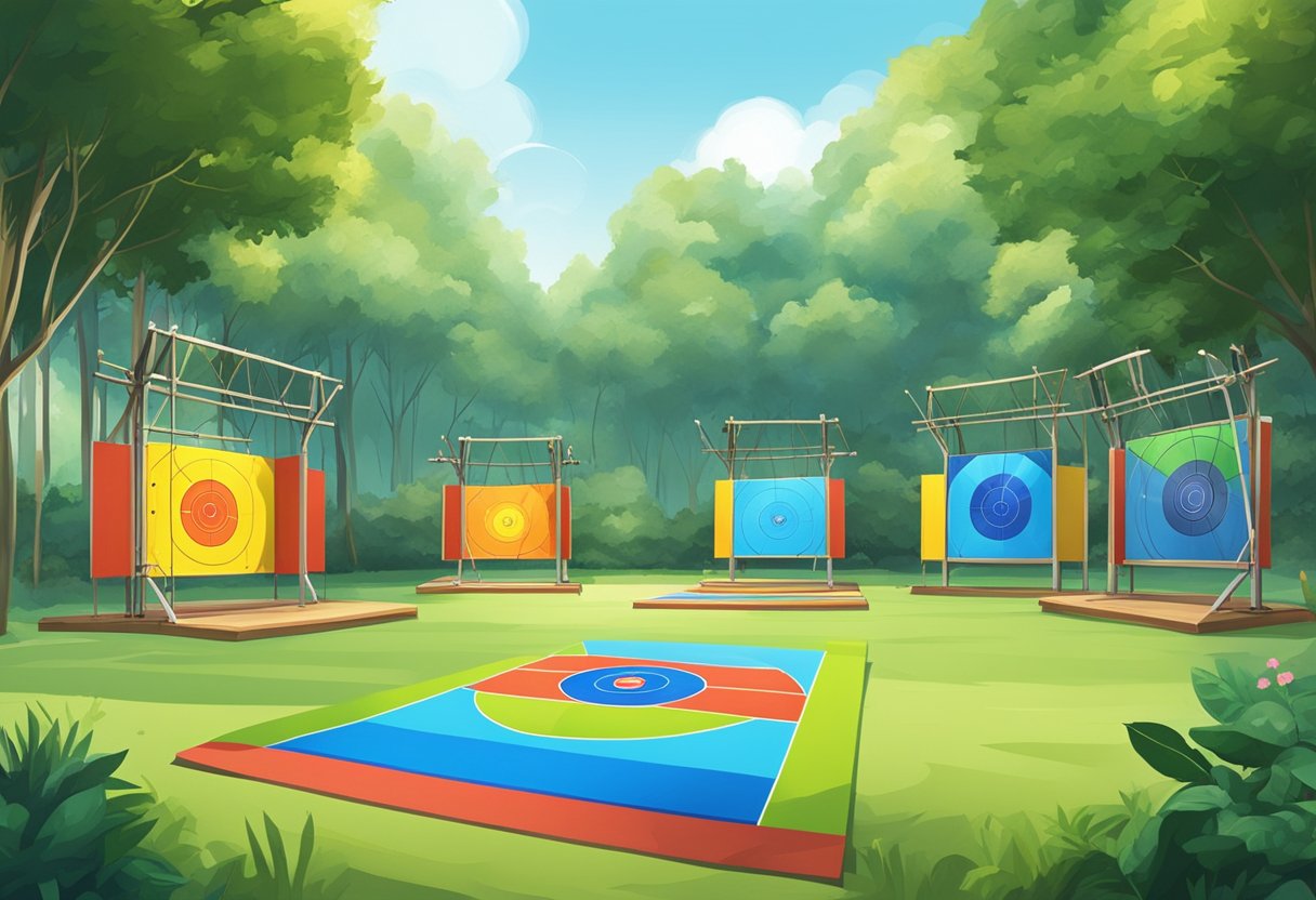An archery range in Singapore, with colorful targets and bow stands, surrounded by lush greenery and a clear blue sky