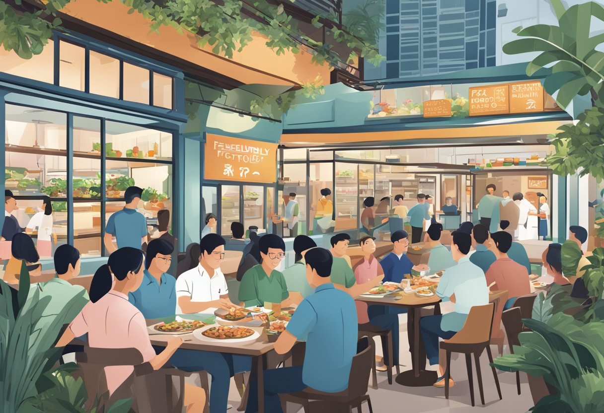 A bustling seafood restaurant in Singapore with customers dining and staff serving, featuring a sign that reads "Frequently Asked Questions."