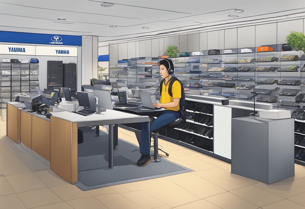 A customer service representative answering inquiries at a Yamaha store in Singapore