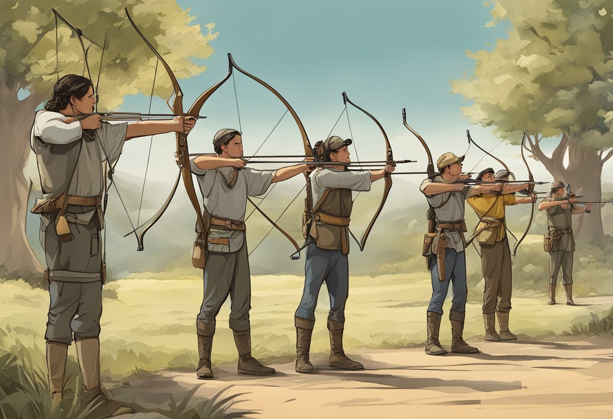 Archers gather around targets, bows drawn, in a serene outdoor setting. A sense of focus and determination is palpable in the air