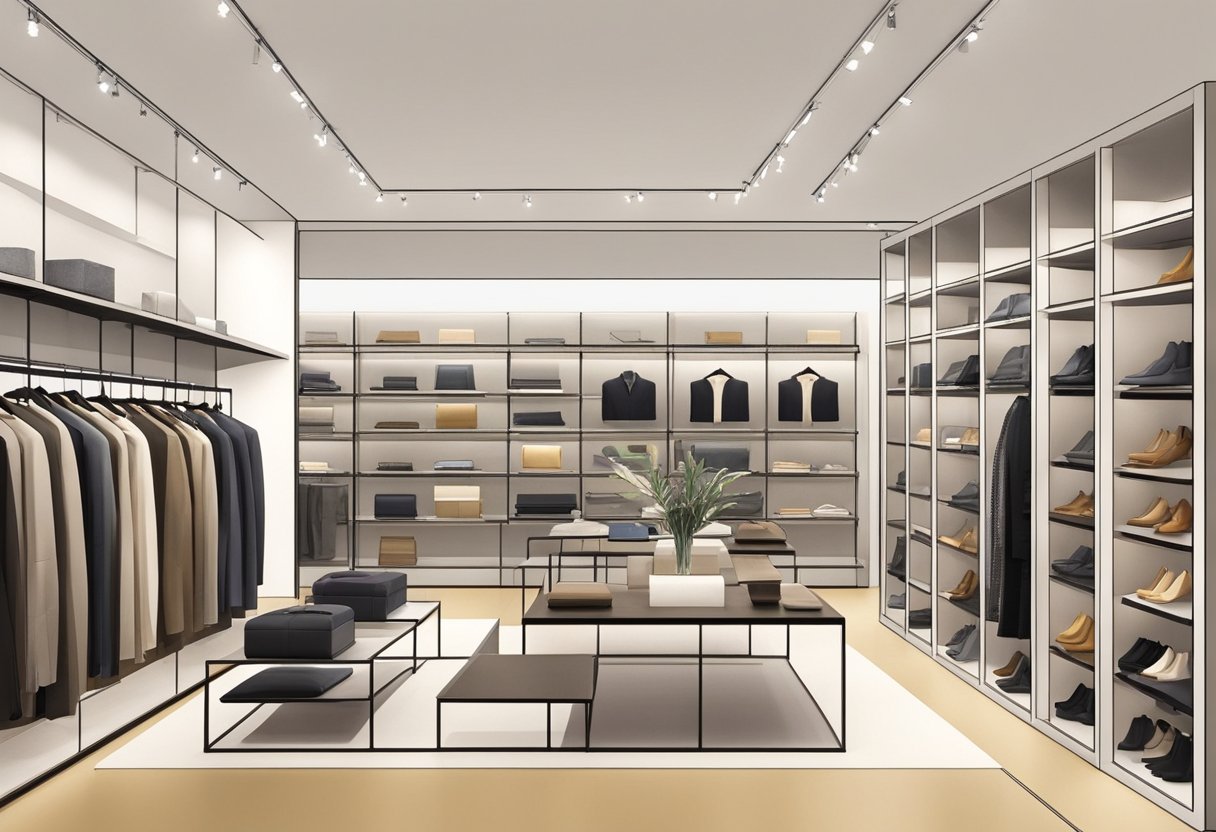 Bottega Veneta's collections displayed in a sleek, modern showroom with minimalist decor and elegant lighting. Items are arranged neatly on shelves and racks, showcasing the brand's luxury and sophistication