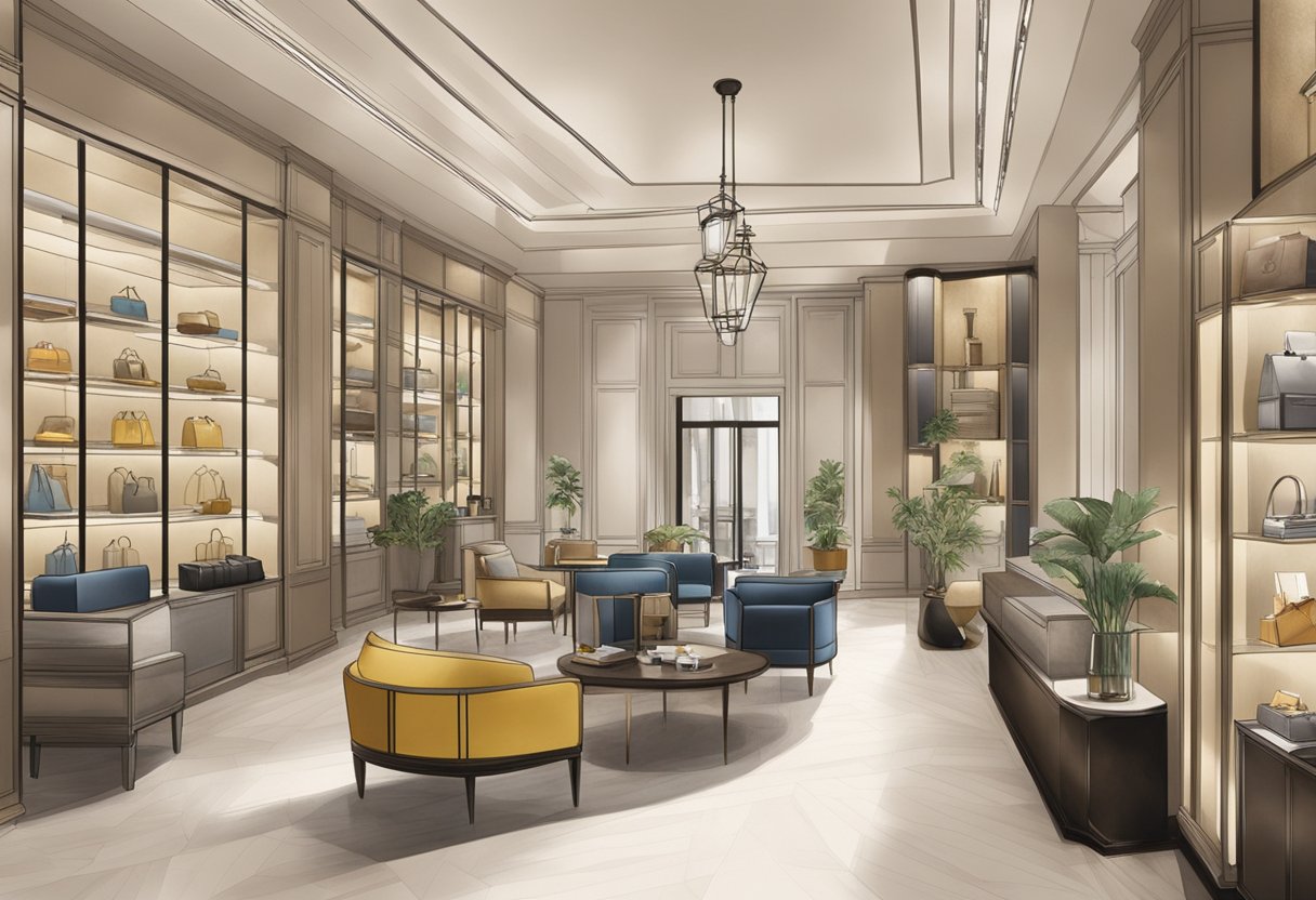 Capture the luxurious interior of Bottega Veneta in Singapore, showcasing elegant displays and sophisticated decor