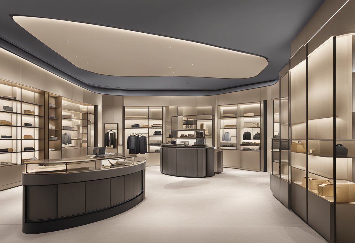 A sleek and modern Bottega Veneta store in Singapore, with elegant displays and a digital kiosk for frequently asked questions