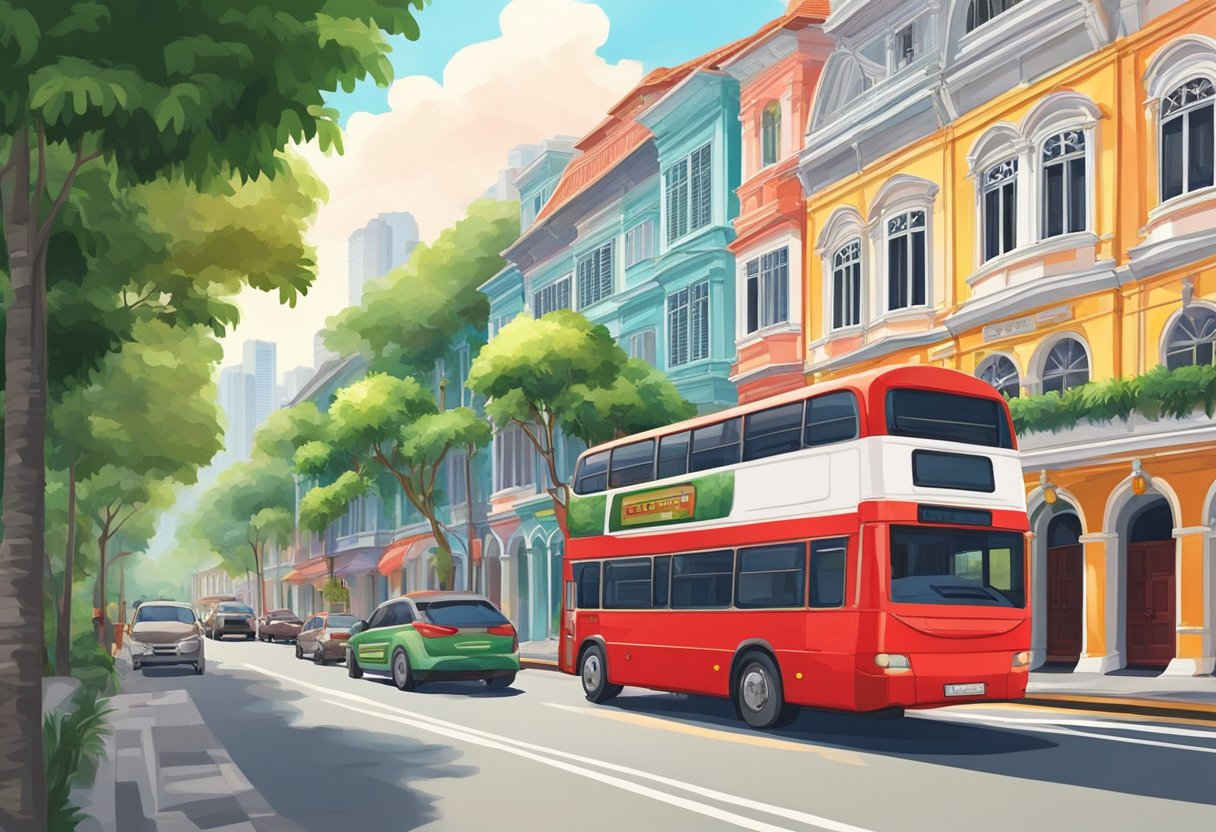 A red double-decker bus passes by a row of colorful shophouses in the historic district of Singapore, with lush green trees lining the street