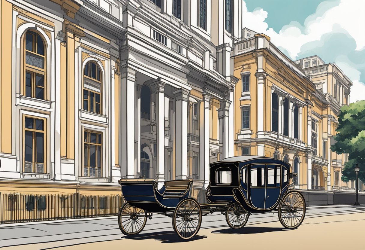A vintage cycle and carriage parked in front of a historic Singapore building, with modern skyscrapers in the background