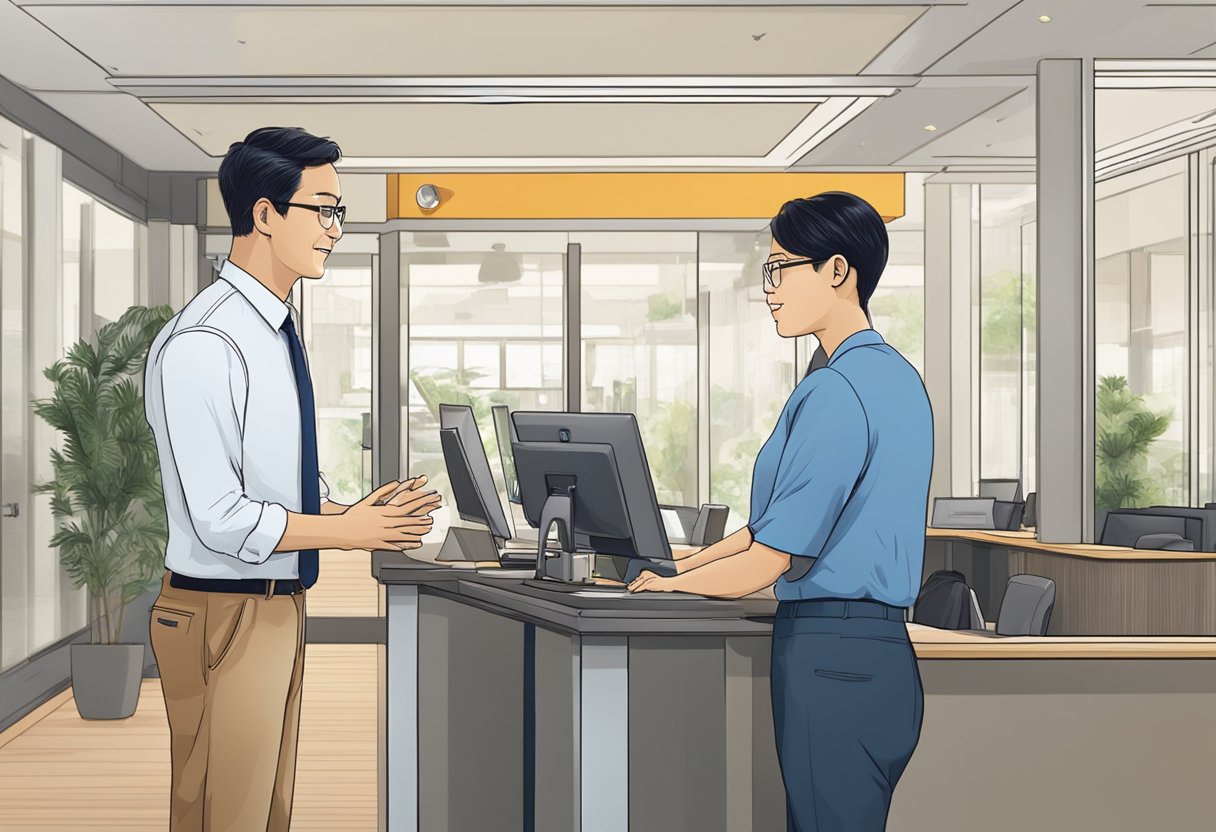 A customer is greeted by a service representative at Cycle & Carriage Singapore. The representative listens attentively and provides personalized assistance