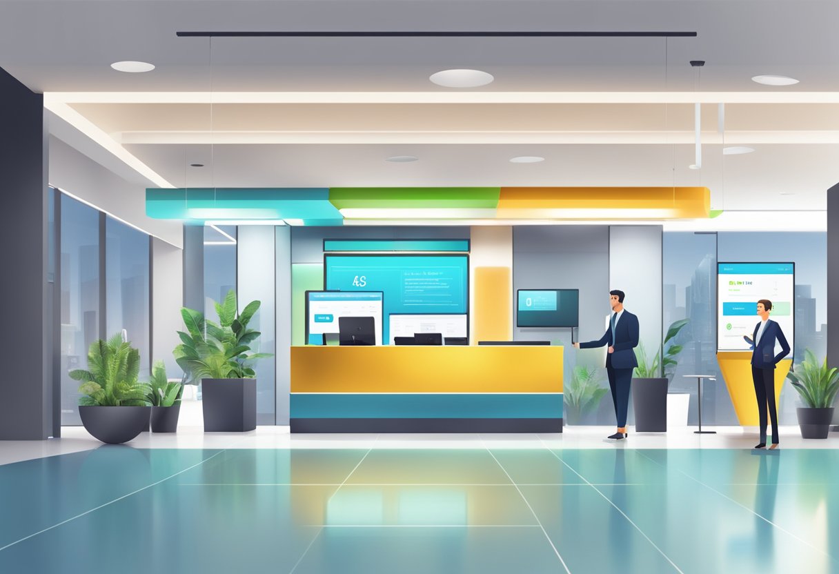 A bright and modern bank branch with a customer service counter and digital screens displaying FAQs
