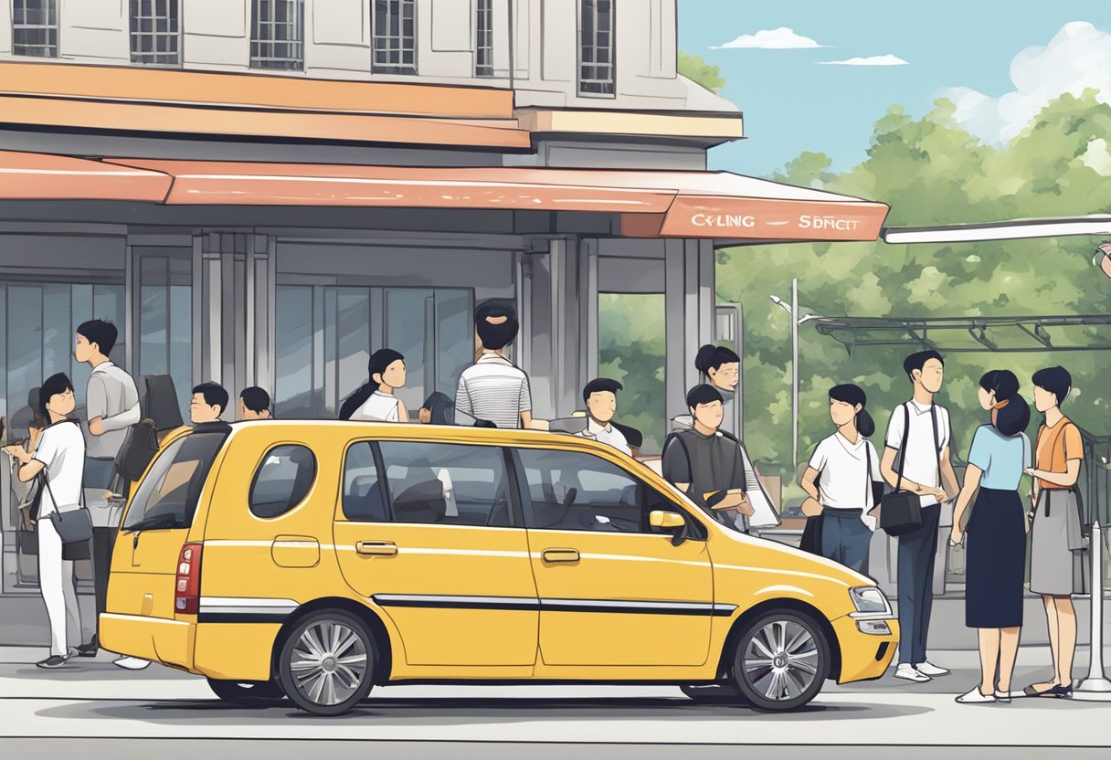A line of customers waiting to inquire about Cycle & Carriage Singapore, with a prominent sign and logo displayed