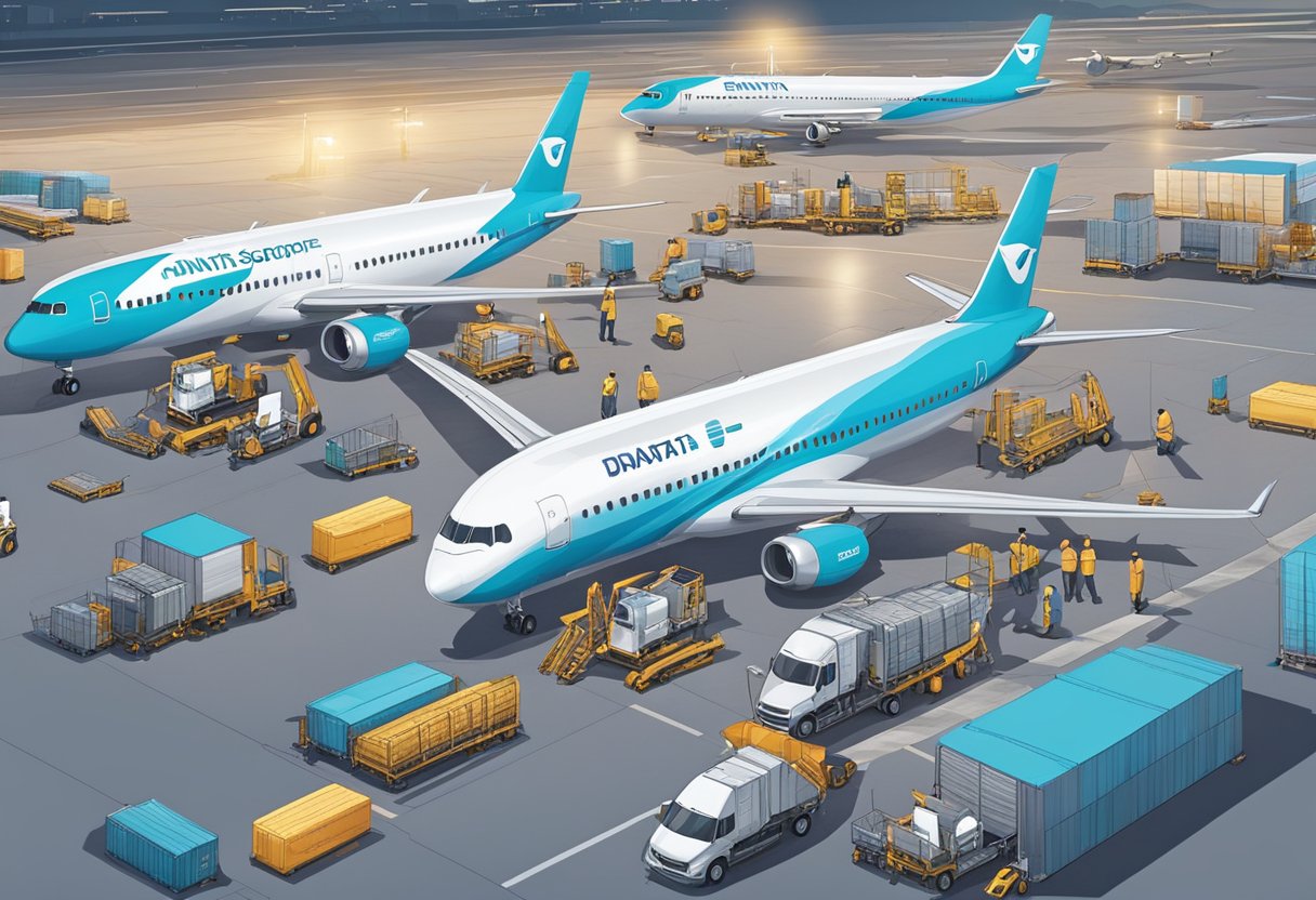 Planes lined up on the tarmac at dnata Singapore, with workers loading and unloading cargo under the bright airport lights