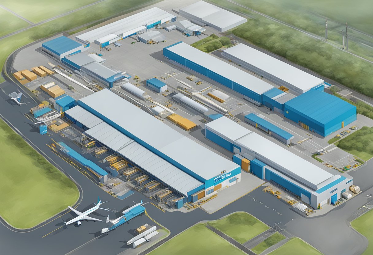 Aerial view of Dnata Singapore facility with aircraft, cargo containers, and ground support equipment